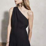 MONDO CORSINI Mariam Linen Dress with Asymmetric Neckline in Caviar