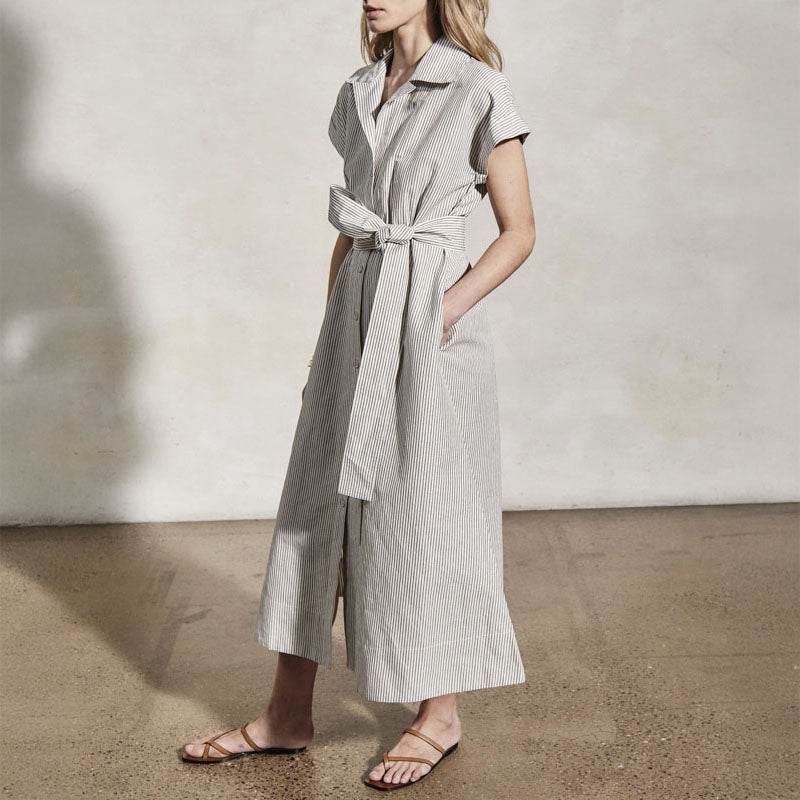 MONDO CORSINI Lucy Linen Weave Shirt Dress with Wide Lapel in Moss/White