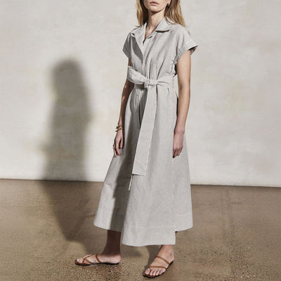 MONDO CORSINI Lucy Linen Weave Shirt Dress with Wide Lapel in Moss/White