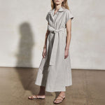 MONDO CORSINI Lucy Linen Weave Shirt Dress with Wide Lapel in Moss/White