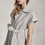 MONDO CORSINI Lucy Linen Weave Shirt Dress with Wide Lapel in Moss/White
