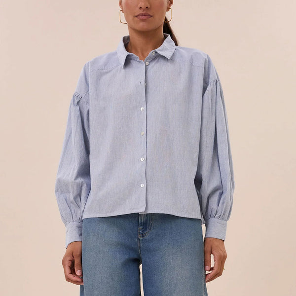 BY-BAR Sarah Short Pin Stripe Blouse in Indi Grey