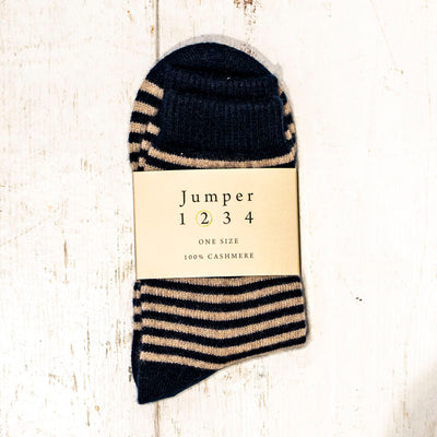 JUMPER 1234 Stripe Socks in Navy/ Light Brown