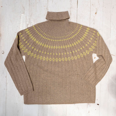 JUMPER1234 Rib Ski Roll Collar Knit in Light Brown/Neon Yellow