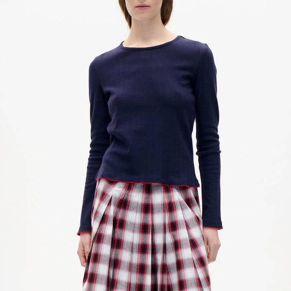 BAUM UND PFERDGARTEN Joye Fitted Long Sleeve Top with Contrast Trim in Eclipse Blue