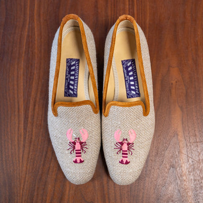 BOWHILL & ELLIOT Oatmeal Linen Albert Pumps with Pink Lobster in Oatmeal Linen