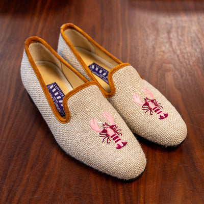 BOWHILL & ELLIOT Oatmeal Linen Albert Pumps with Pink Lobster in Oatmeal Linen