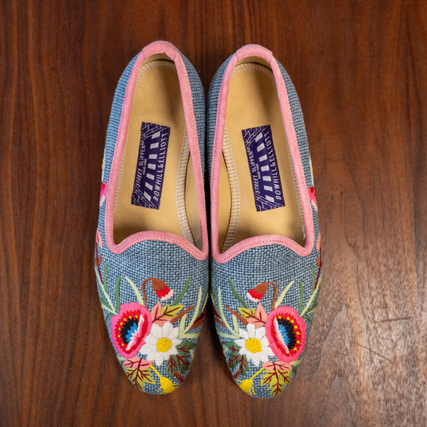 BOWHILL & ELLIOT Venetian Pumps with Poppies  in Denim Linen