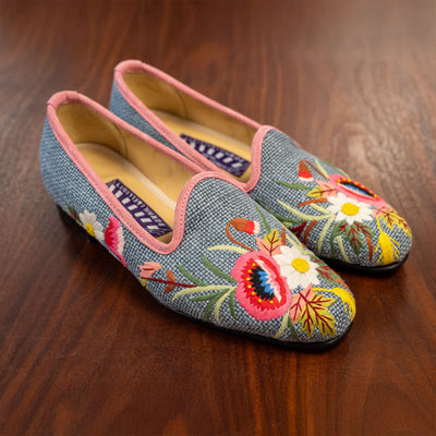 BOWHILL & ELLIOT Denim Linen Venetian Pumps with Poppies  in Denim Linen