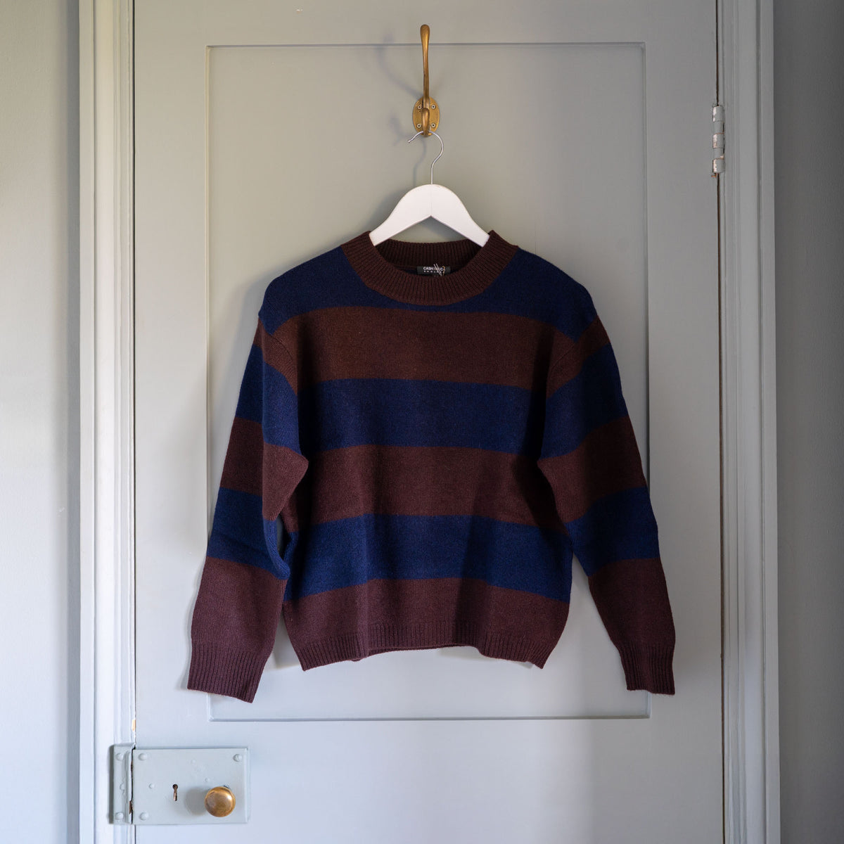CASH CA Wide Stripe Felted Crew Neck in Aubergine