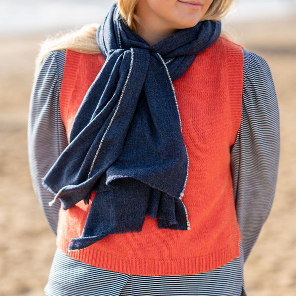 COLLEN & CLARE Cashmere Scarf with Contrast Edge in Denim/Silver