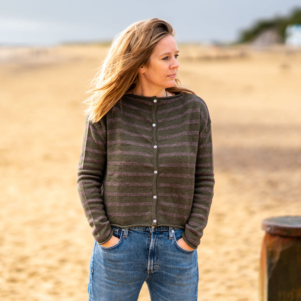 COLLEN & CLARE Zeya Stripe Cardigan in Fir Green and Otter