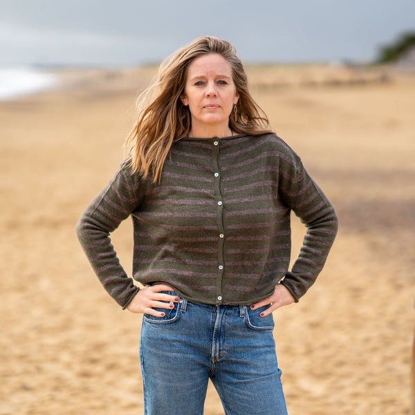 COLLEN & CLARE Zeya Stripe Cardigan in Fir Green and Otter