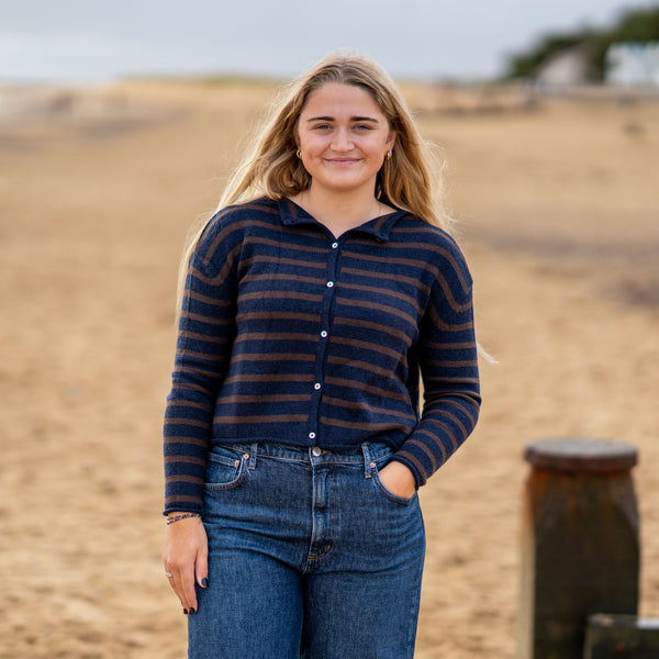 COLLEN & CLARE Zeya Stripe Cardigan in Navy Marl and Bitter Chocolate