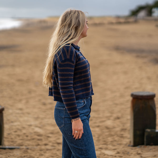 COLLEN & CLARE Zeya Stripe Cardigan in Navy Marl and Bitter Chocolate
