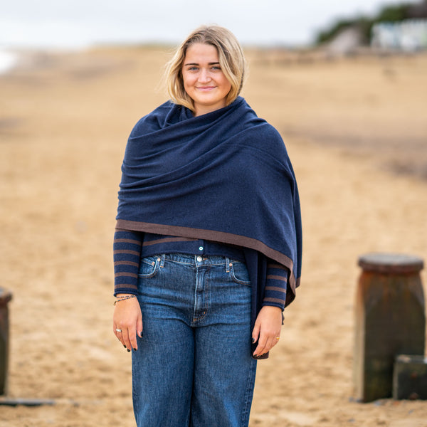 COLLEN & CLARE Molly Cashmere and Lambswool Scarf in Navy Marl and Bitter Chocolate