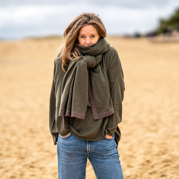 COLLEN & CLARE Molly Cashmere and Lambswool Scarf in Fir Green and Otter