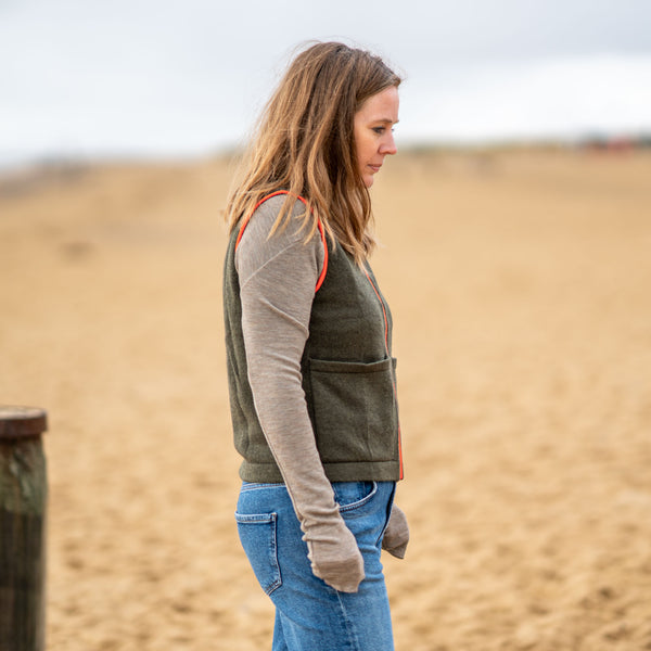 COLLEN & CLARE Contrast Gilet in Fir Green and Orange