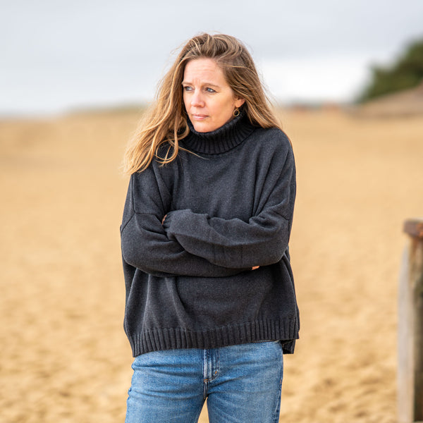 COLLEN & CLARE Zuri Cotton Roll Neck Knit in Black Marl