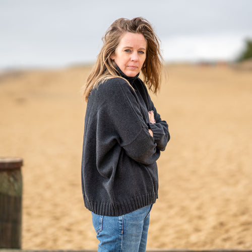 COLLEN & CLARE Zuri Cotton Roll Neck Knit in Black Marl