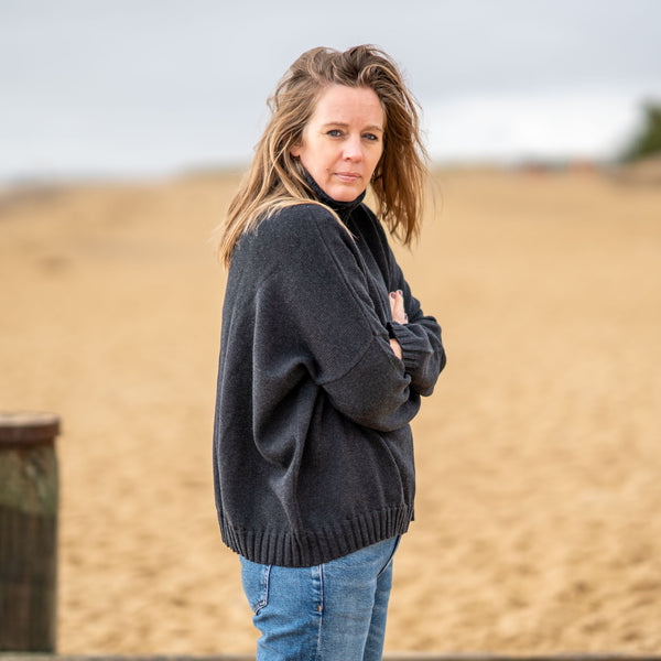 COLLEN & CLARE Zuri Cotton Roll Neck Knit in Black Marl