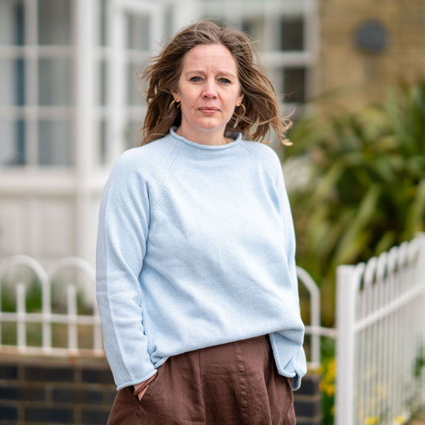 COLLEN & CLARE Shyla Cotton High Neck Jumper in Pearl Blue