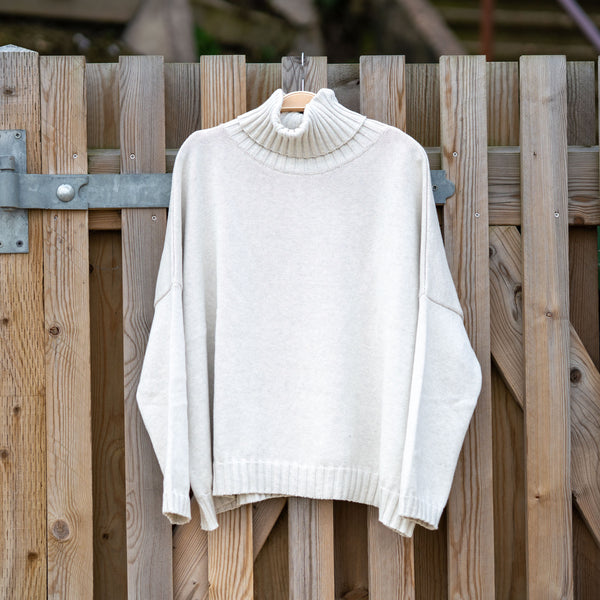COLLEN & CLARE Zuri Cotton Roll Neck Jumper in Natural Marl