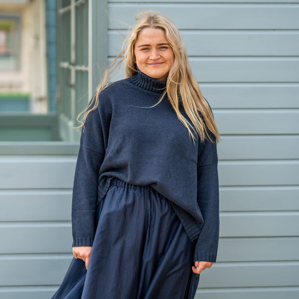 COLLEN & CLARE Zuri Cotton Roll Neck Jumper in Navy Marl