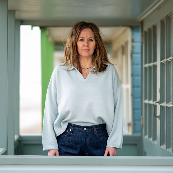 COLLEN & CLARE Rumble V Neck Wool Mix Jumper in Cloud Blue