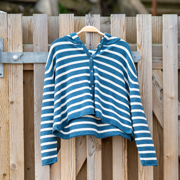 COLLEN & CLARE Elsi Stripe Hooded Cardigan in Teal Marl/Buttermilk
