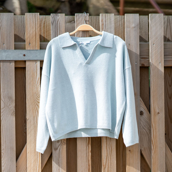 COLLEN & CLARE Rumble V Neck Wool Mix Jumper in Cloud Blue