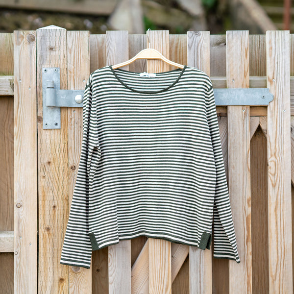 COLLEN & CLARE Easton Cotton Stripe Jumper in Fir Green/Fleck Natural
