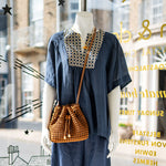 GREEK ARCHAIC KORI Cross Embroidered Short Sleeve Blouse in Blue Navy/Gold