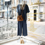 GREEK ARCHAIC KORI Cross Embroidered Short Sleeve Blouse in Blue Navy/Gold
