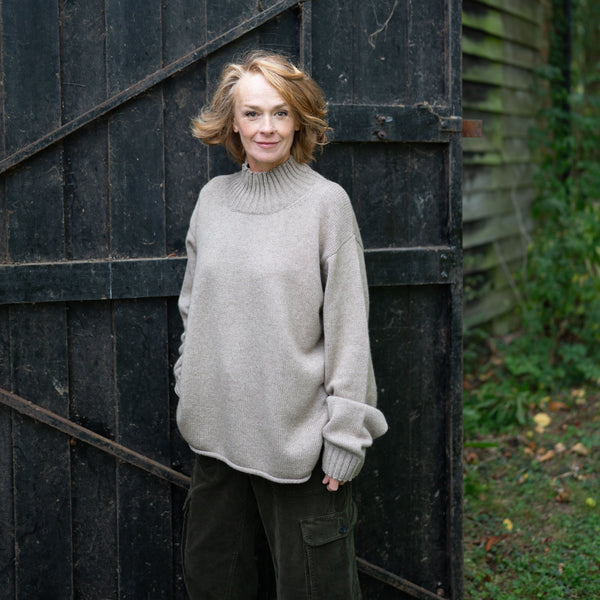 COLLEN & CLARE Roger Roll Neck Cashmere and Lambswool Jumper in Stone Marl