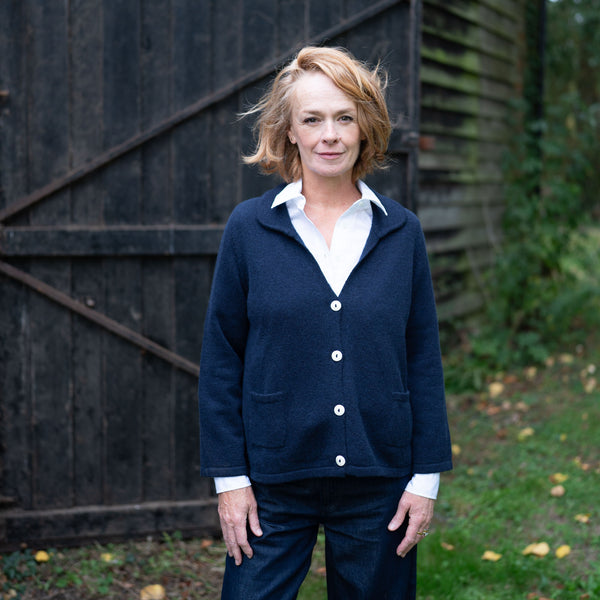 COLLEN & CLARE Blaze Cashmere and Lambswool Collar Cardigan in Navy Marl
