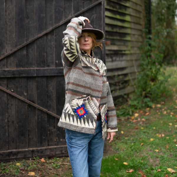 MAISON BADIGO Cachua Aztec Hand Embroidered Jacket in Grey