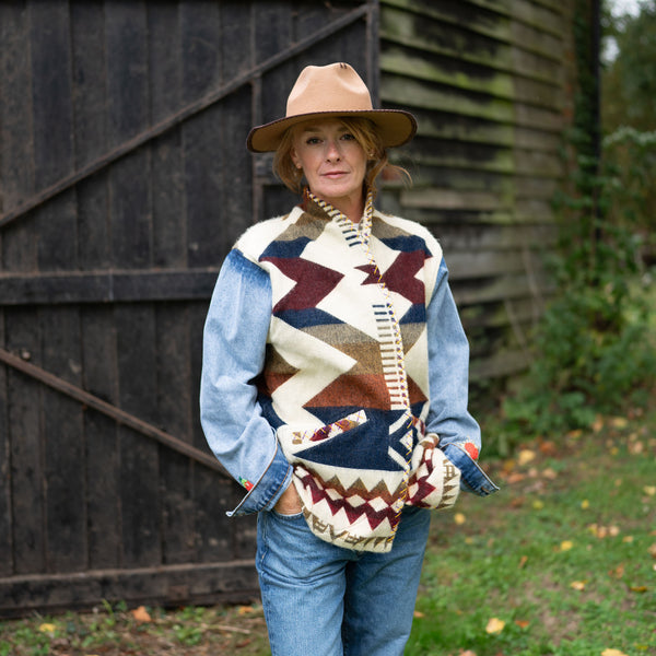 MAISON BADIGO 90s Pale Denim Sleeve Aztec Motif Jacket in Ecru/Blue