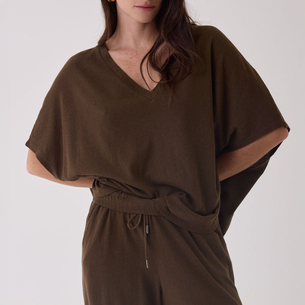 MAJESTIC FILATURES V Neck Short Sleeve Top  in Tonka