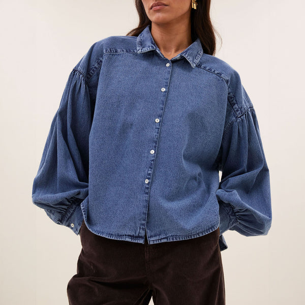 BY-BAR Sarah Short Denim Blouse in Medium Denim
