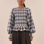 BY-BAR Yena Frill Hem Blouse in Tokyo Check