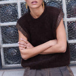 BY-BAR Noby Spencer Knitted Vest with Sparkle Cap Sleeves in Deep Brown