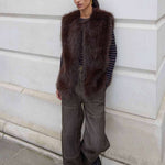 BY-BAR Mona Faux Fur Gilet in Dark Brown