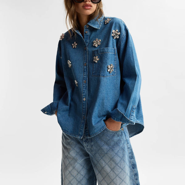 ESSENTIEL ANTWERP Konnection Rhinestone Shirt in Aquamarine