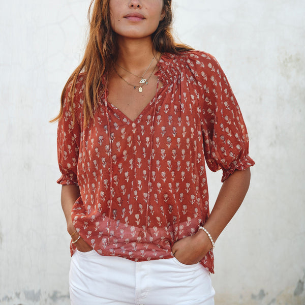 M.A.B.E Ari Print Short Sleeve Top in Rust