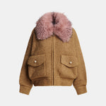 ESSENTIEL ANTWERP Kanada Knitted Jacket with Fur in Camel/Pink