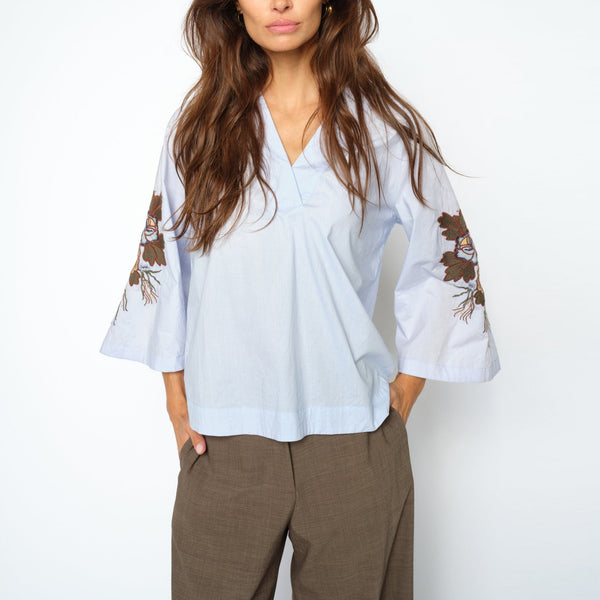 MOS MOSH MMAleysa Popli V-Neck Embroidered Sleeve Blouse  in Skyway