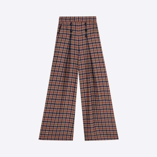 VILAGALLO Maya Wide Check Trousers in Brown