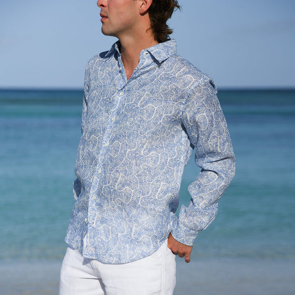 PINK HOUSE MUSTIQUE Mens Coral Stone Linen Shirt in Blue