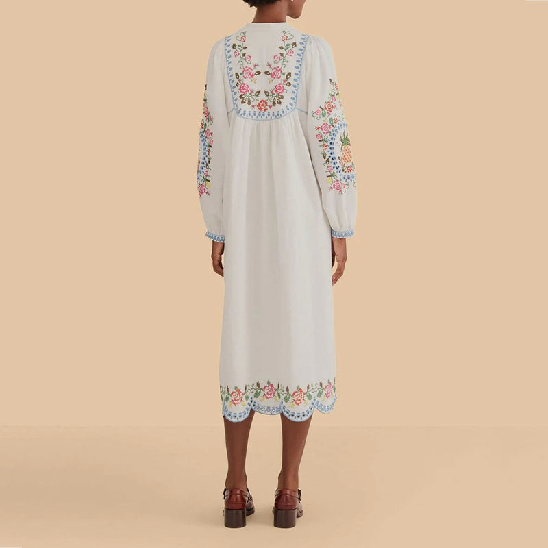 Embroidered Midi Dress in Off White